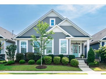 Charming home features a landscaped front yard, gray siding, and a welcoming turquoise front door at 209 Stone River Dr, Wendell, NC 27591
