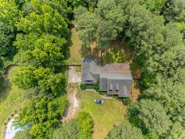 Aerial view of a charming house with lush green trees surrounding the property at 3304 Black Stallion Ct, Zebulon, NC 27597