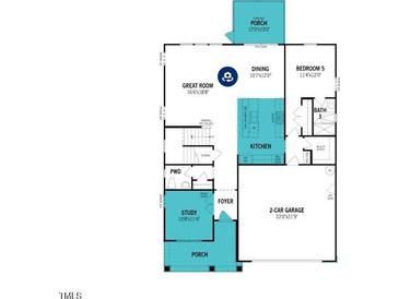 Detailed first-floor floor plan showing kitchen, dining, living, and study at 228 Sprenger St, Garner, NC 27529