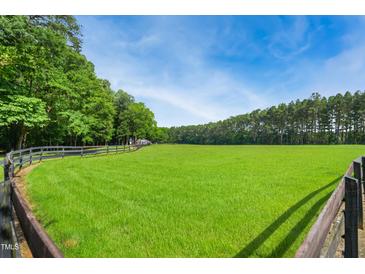 Expansive green pasture bordered by mature trees and a classic wooden fence at 633 Fleming Rd, Youngsville, NC 27596