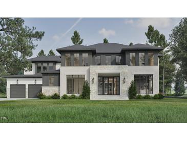 Stunning two-story modern home with stone accents, dark trim, and an inviting front yard at 6736 Brixley Crest Ct, Raleigh, NC 27614