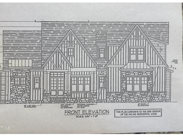 Detailed front elevation blueprint showing a two-story home design with stone and siding elements at 8 Pin Tail Ct, Pittsboro, NC 27312