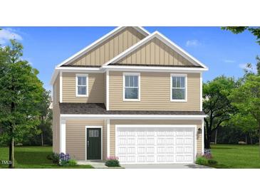 Charming two-story home featuring a covered front porch, attached two-car garage, and neatly landscaped surroundings at 235 Faith Avenue, Sanford, NC 27330