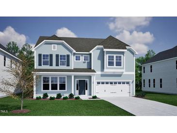 Charming two-story home with blue siding, black shutters, well-manicured lawn, and attached garage at 115 Guardian St, Youngsville, NC 27596