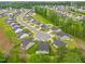 Aerial view of a new neighborhood showcasing the house roofs, green lawns and tree-lined streets at 164 Clove Hitch Ln, Fuquay Varina, NC 27526