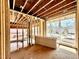 Interior framing of a room with large windows, exposed wooden beams, and a view of neighboring homes at 508 Northwood Dr, Raleigh, NC 27609