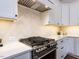 Close-up of stainless steel range top and oven with white cabinets and herringbone backsplash at 804 Ambercrest Place, Durham, NC 27705