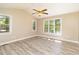 Bedroom with vaulted ceilings, a ceiling fan and views of the outside at 3309 Westcott Cir, Sanford, NC 27330