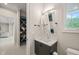 Elegant bathroom with custom vanity, marble countertop, and walk-in shower with glass door at 1621 Legacy Ridge Ln, Wake Forest, NC 27587