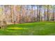 A scenic backyard features a lush lawn with mature trees behind it, and includes a view of the back deck at 158 Nakoma Dr, Louisburg, NC 27549