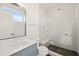 Modern bathroom with walk-in shower and blue vanity at 9009 Meadow Pointe Ct, Wake Forest, NC 27587