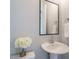 Cozy bathroom featuring a pedestal sink, modern mirror, and elegant floral arrangement at 1156 Cottonsprings Dr, Wendell, NC 27591