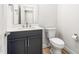 Charming powder room with stylish vanity, modern fixtures, and an efficient toilet at 3402 St Barts Pl, Mebane, NC 27302