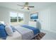 Staged bedroom features a large window, fan, and contemporary decor at 3402 St Barts Pl, Mebane, NC 27302