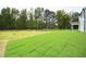 Spacious backyard featuring lush green grass, mature trees, and a charming covered porch at 196 Abingdon Farms Dr, Selma, NC 27576