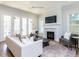 Open living room with fireplace, hardwood floors, neutral colors, and access to the outdoor deck at 809 St Charles St, Durham, NC 27713