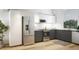 Modern kitchen with stainless steel appliances, gray countertops, white cabinets, and a large window at 106 Broadway St # 202, Durham, NC 27701