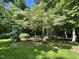 Serene backyard featuring a dogwood tree, green lawn, and wooded surroundings at 1820 Oatlands Court Ct, Wake Forest, NC 27587