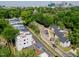 Aerial view of modern townhomes with city skyline in distance, green trees, and parking areas at 614 Rocky Knob Ct, Raleigh, NC 27601