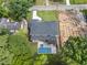 Overhead view of home showcasing a manicured lawn, luxurious in-ground pool, and an ongoing new construction project at 4123 Rockingham Dr, Raleigh, NC 27609