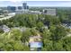 Panoramic aerial view of a lush neighborhood with tree-lined streets, showcasing a mix of residential homes and commercial buildings at 4123 Rockingham Dr, Raleigh, NC 27609