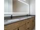 Modern bathroom features a double sink vanity with dark faucets and hardware and a large mirror at 1535 Urban Trace Ln, Raleigh, NC 27608