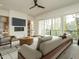 Bright living room featuring a fireplace, built-in shelving, large windows and balcony access at 1535 Urban Trace Ln, Raleigh, NC 27608