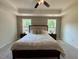 Primary bedroom features a tray ceiling, neutral decor, and dual windows overlooking mature trees at 196 Grand Griffon Way, Lillington, NC 27546