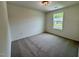Bedroom featuring carpet flooring, white walls, a window with a view of the neighborhood and a ceiling light at 196 Grand Griffon Way, Lillington, NC 27546