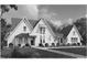 Striking black-and-white elevation showcasing a home's architectural details, landscaping, and covered entry at 222 Kenwood Ln, Pittsboro, NC 27312