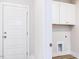 A well-lit laundry area with white cabinets, modern fixtures and a utility sink hookup at 472 Barbour Farm Ln, Four Oaks, NC 27524