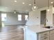 Open-concept living area and kitchen featuring hardwood floors, neutral paint, and modern lighting fixtures at 576 Barbour Farm Ln, Four Oaks, NC 27524