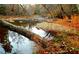 Serene creek with fallen log and autumn leaves at 5856 Genesee Dr., Homesite 16, Durham, NC 27712