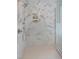 A luxurious shower with white and brown herringbone tile, recessed shelves, and glass doors at 2506 Silas Peak Ln, Apex, NC 27523
