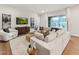 Relaxing living room with a comfortable sectional, modern media console, and view of the outdoor landscape at 208 Regency Ridge Dr, Holly Springs, NC 27540