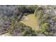 Aerial view of a tranquil pond with fountain feature surrounded by lush trees at 2812 Theresa Eileen Way, Raleigh, NC 27603
