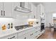 Modern kitchen showcasing stainless steel appliances, a stylish range hood, and sleek white cabinetry at 100 Firefly Ln, Louisburg, NC 27549