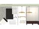Laundry and mudroom design featuring black and white wallpaper, white cabinets, and hooks at 7208 Tanbark Way, Raleigh, NC 27615