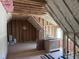 Attic under construction with exposed wooden beams and pink insulation at 126 Harvest Ln, Pittsboro, NC 27312