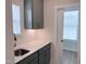 Butler's pantry with gray cabinets, white countertop, decorative backsplash and stainless steel sink at 85 Claude Creek Way, Smithfield, NC 27577