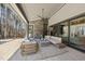 Relaxing covered patio with sectional sofa and fireplace, overlooking pool at 7640 Falls Creek Ln, Raleigh, NC 27614