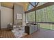 Relaxing screened porch with a wood burning fireplace and vaulted ceilings at 330 Hidden Lake Dr, Youngsville, NC 27596