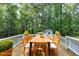 Relaxing deck with wooden dining table and chairs, surrounded by lush trees at 116 Oak Ridge Dr, Willow Springs, NC 27592