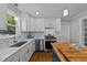Modern kitchen with white cabinets, stainless steel appliances, and blue island at 605 Quarry St, Raleigh, NC 27601