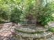 Stone patio sitting area with iron chairs surrounded by mature trees and greenery at 2501 Kenmore Dr, Raleigh, NC 27608