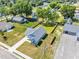 Aerial view of a charming blue house with a fenced backyard in a green residential area at 306 E Godwin St, Dunn, NC 28334