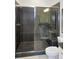 Contemporary bathroom with a glass-enclosed shower and dark gray tile at 2525 Silas Peak Ln, Apex, NC 27523