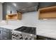 Close up of stainless steel range and vent hood with marble backsplash and granite countertop at 205 Red Cardinal Ct, Youngsville, NC 27596