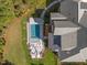 Aerial view of the home with a backyard oasis including pool, patio, and lush landscaping at 60 Citori Ct, Pittsboro, NC 27312
