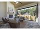 Relaxing sunroom with fireplace, comfortable seating, and view of backyard through screen at 701 Dartmouth Rd, Raleigh, NC 27609